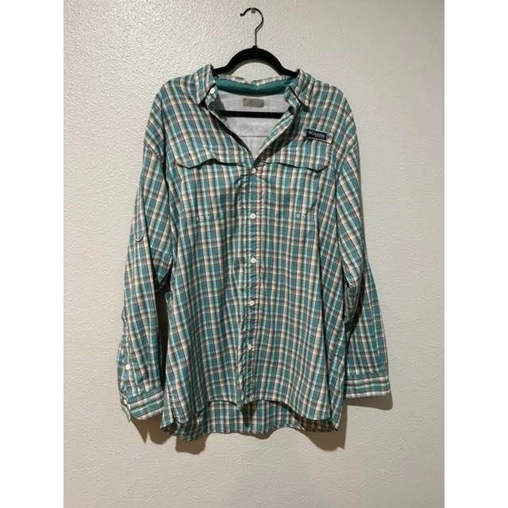 Columbia PFG Mens XL Long Sleeve Fishing Shirt Teal Plaid Ventilated Button Down